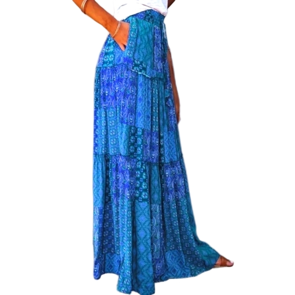 Maxi Skirt Blue 70s Style Patchwork Print Flowy Boho Long Skirts Hippie Skirts - Picture 6 of 9